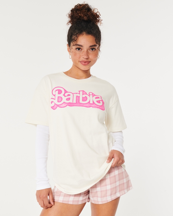 Oversized Barbie Graphic Tee, White And Pink