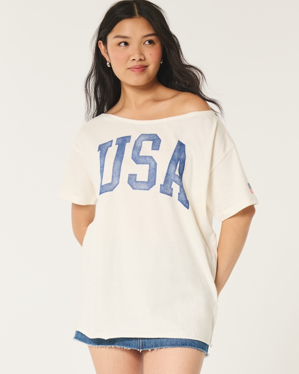 Oversized Off-the-Shoulder USA Graphic Tee, Cloud White