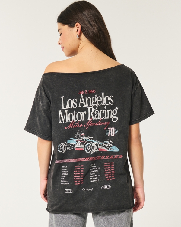 Oversized Off-the-Shoulder Los Angeles Motor Racing Graphic Tee, Black