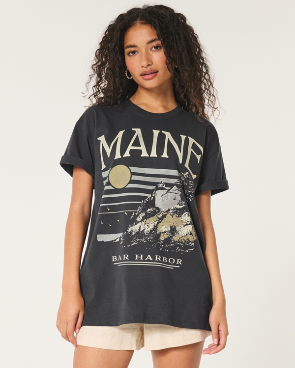 Oversized Bar Harbor Maine Graphic Tee, Black