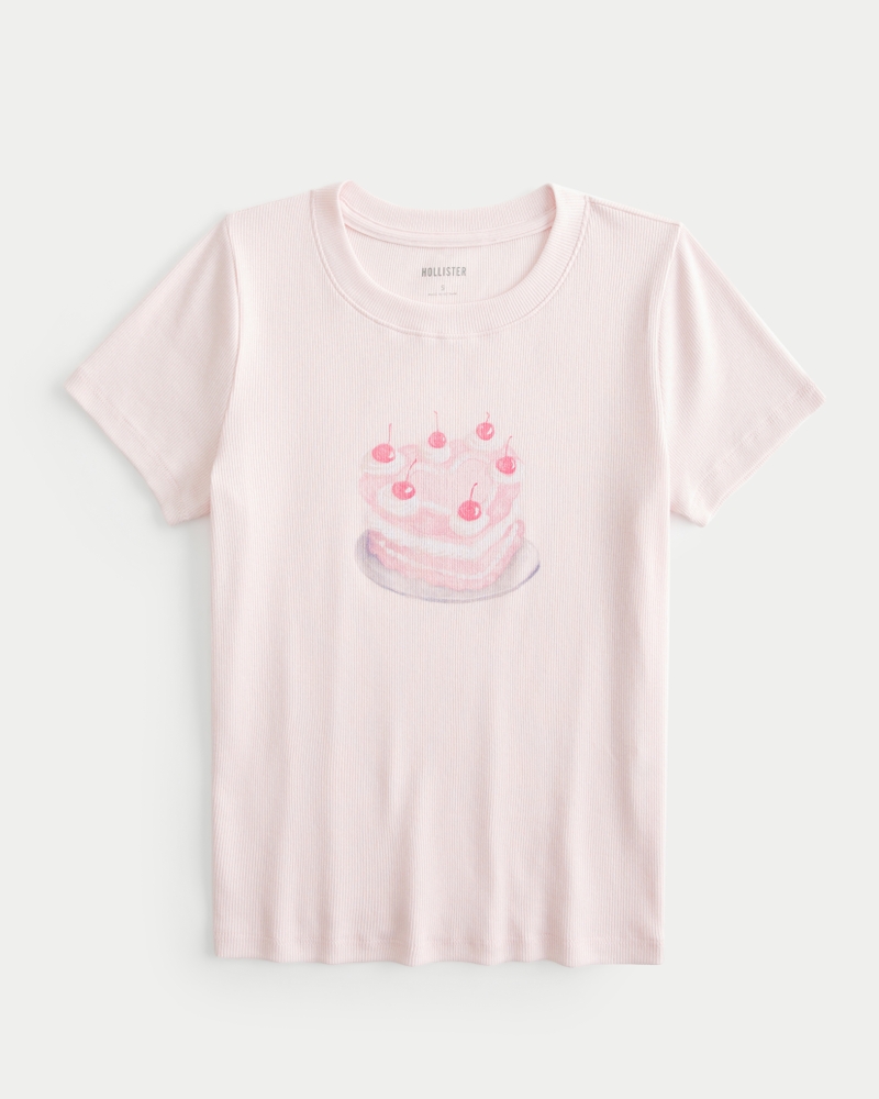 Women s Ribbed Longer Length Heart Cake Graphic Baby Tee Women s Sale HollisterCo