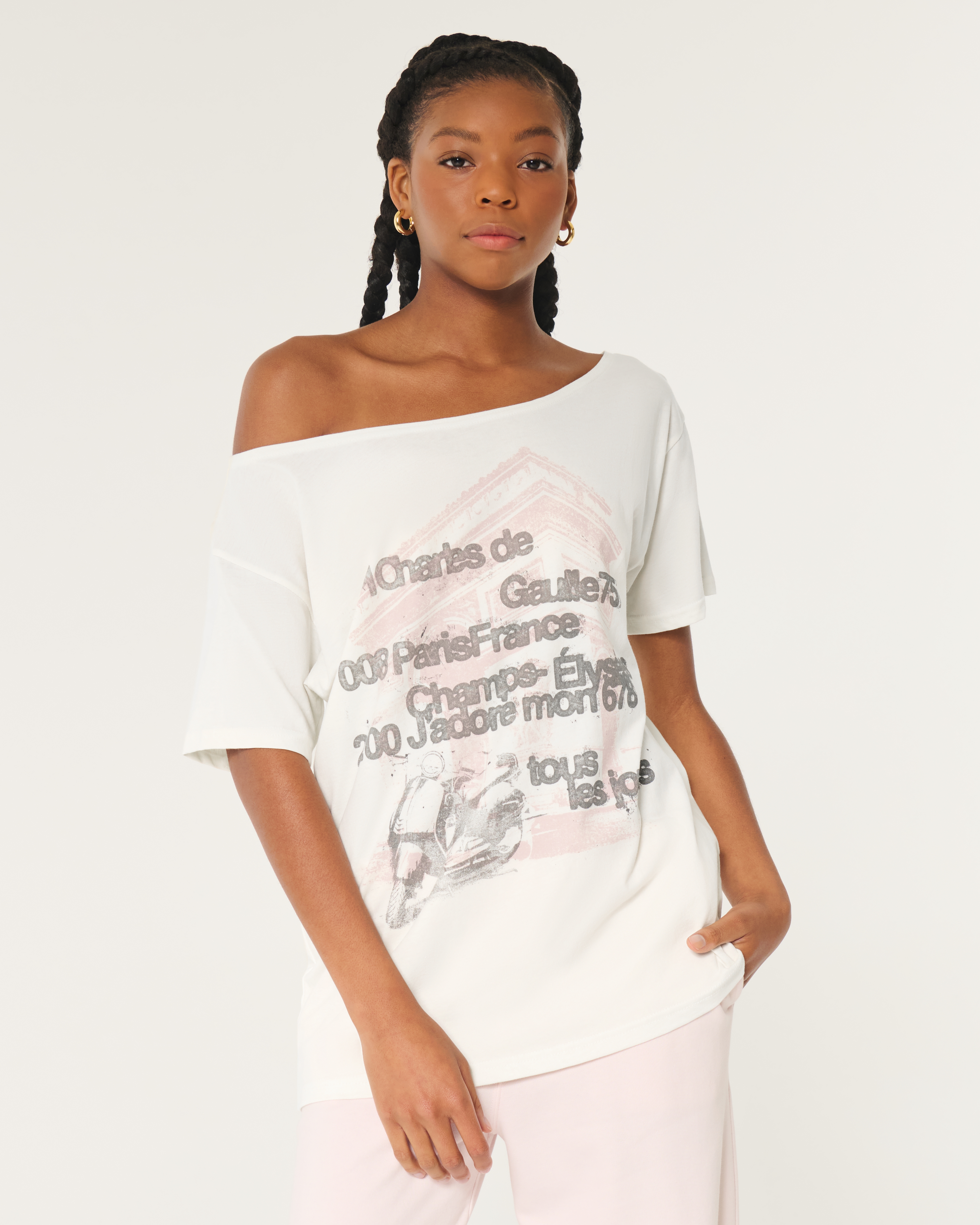 Oversized Off-the-Shoulder Paris Graphic Tee