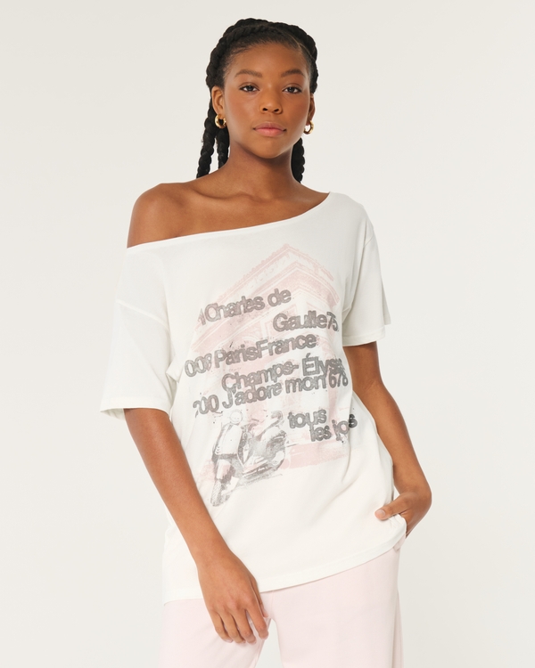 Oversized Off-the-Shoulder Paris Graphic Tee, Cloud White
