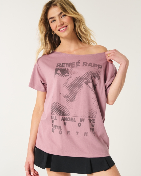 Oversized Off-the-Shoulder Reneé Rapp Graphic Tee, Vintage Rose