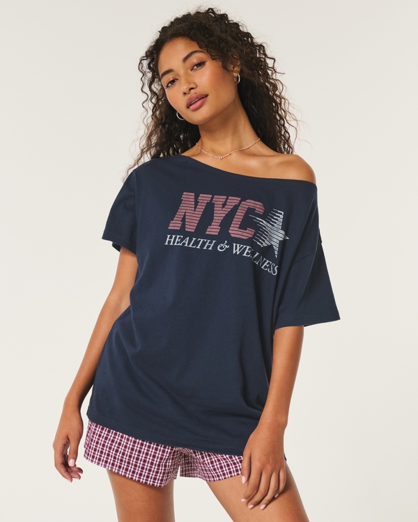 Oversized Off-the-Shoulder NYC Graphic Tee, Navy Blue