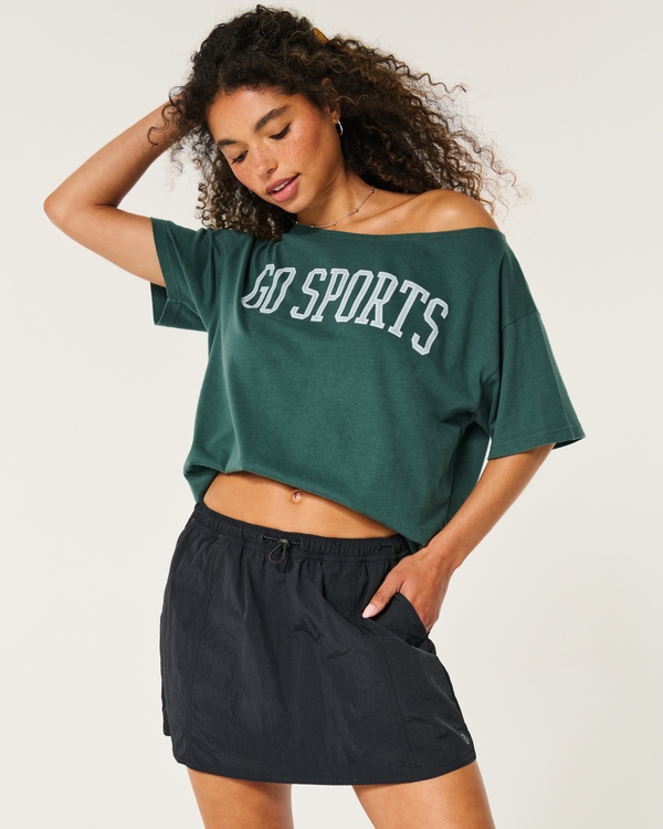 Oversized Off-the-Shoulder Go Sports Graphic Tee, Dark Emerald