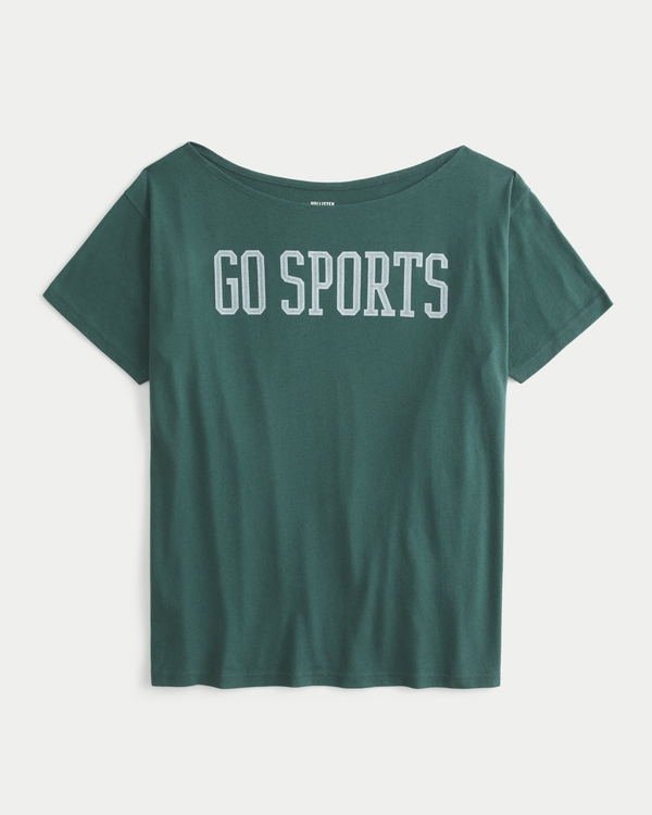 Oversized Off-the-Shoulder Go Sports Graphic Tee, Dark Emerald
