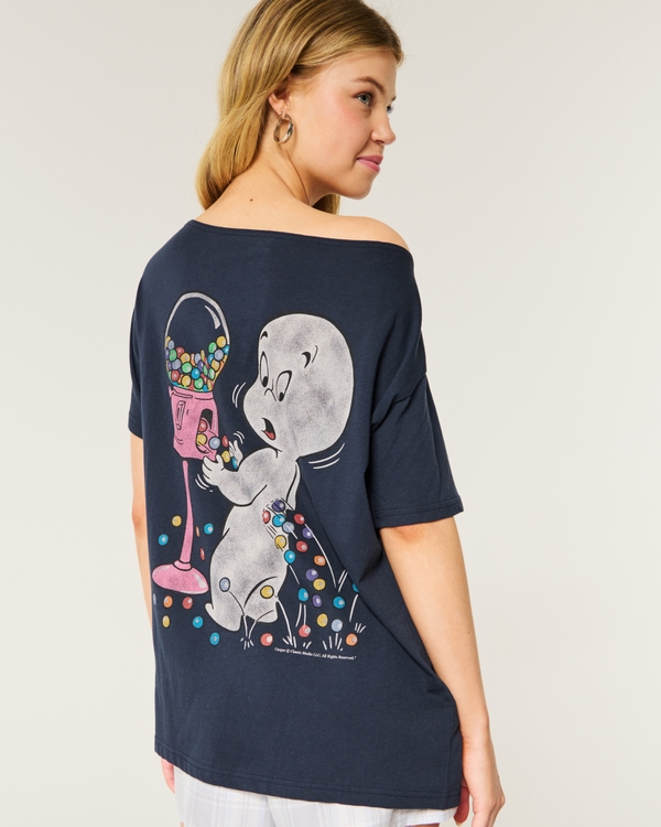 Oversized Off-the-Shoulder Casper Graphic Tee, Navy Blue