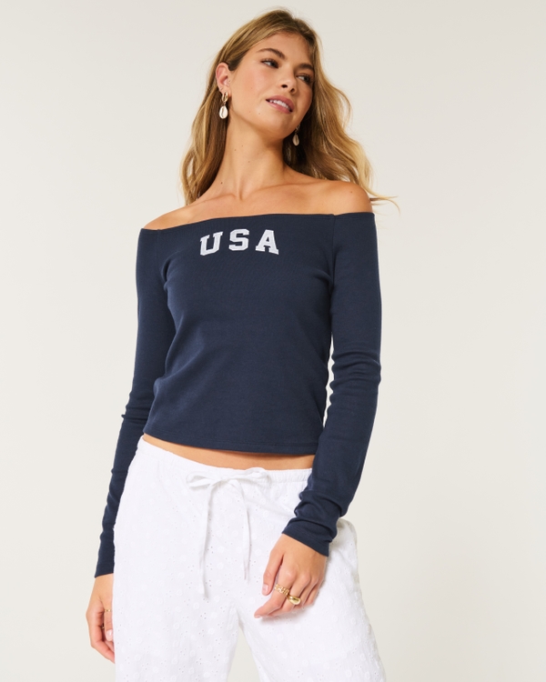 Long-Sleeve Off-the-Shoulder USA Graphic Baby Tee, Navy Blue