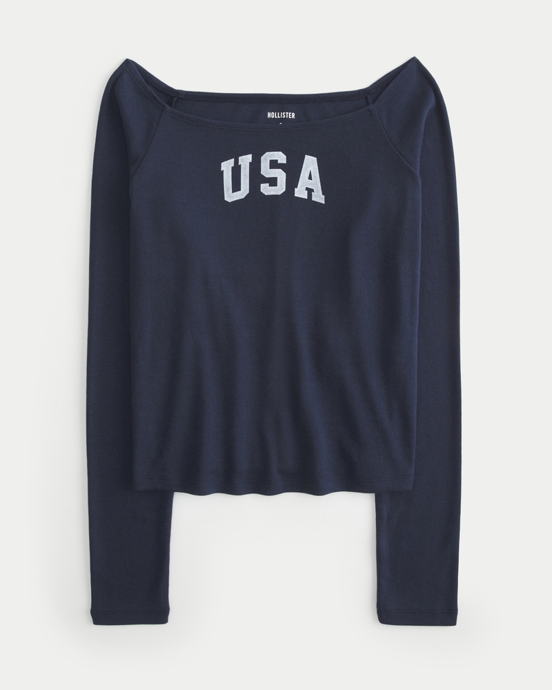 Women s Long Sleeve Off the Shoulder USA Graphic Baby Tee in Navy Blue Size XL from Hollister