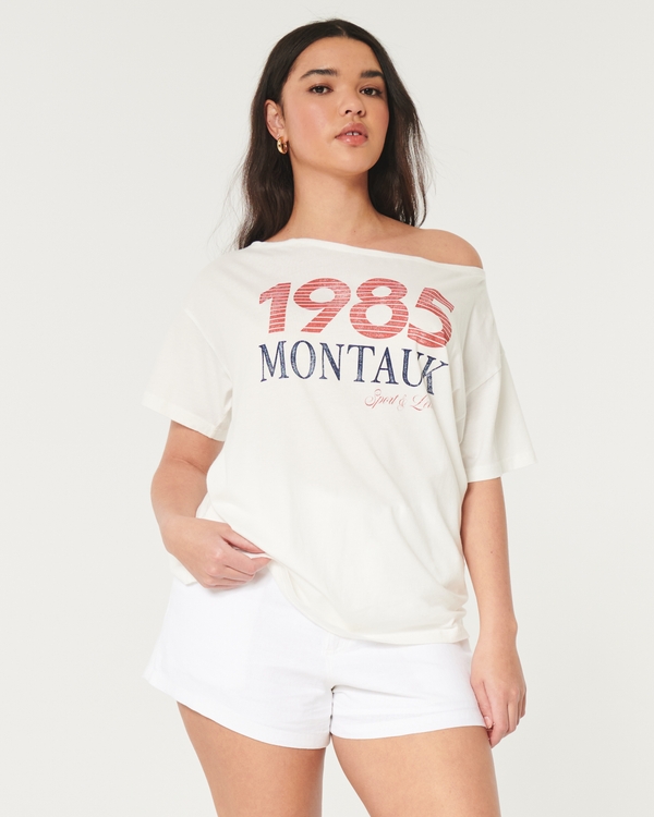 Oversized Off-the-Shoulder Montauk Graphic Tee, White