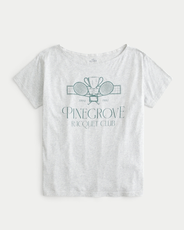 Oversized Off-the-Shoulder Pinegrove Racquet Club Graphic Tee, Light Heather Grey