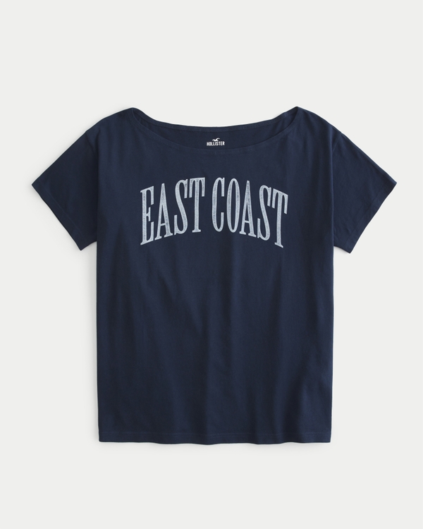Oversized Off-the-Shoulder East Coast Graphic Tee, Navy Blue