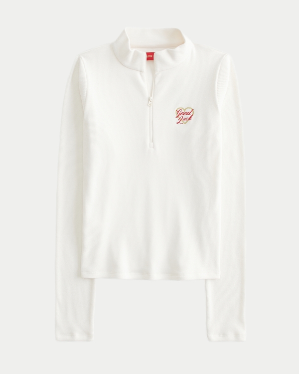 Ribbed Lunar New Year Graphic Half-Zip Top, Cream view 1
