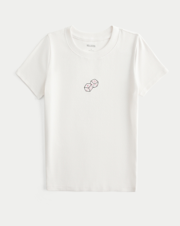 Ribbed Longer-Length Dice Graphic Baby Tee, Cream