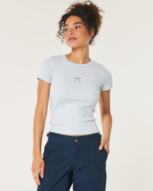 Ribbed Longer-Length Bow Graphic Baby Tee, Light Heather Blue view 1
