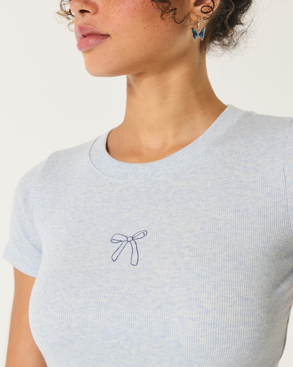 Ribbed Longer-Length Bow Graphic Baby Tee, Light Heather Blue view 2