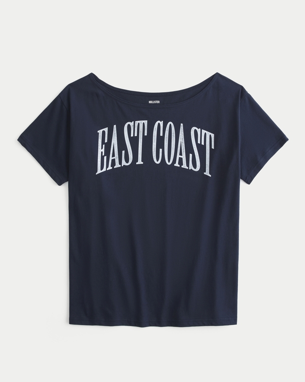 Oversized Off-the-Shoulder East Coast Graphic Tee, Navy Blue