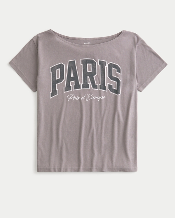 Oversized Off-the-Shoulder Paris Graphic Tee, Light Mocha