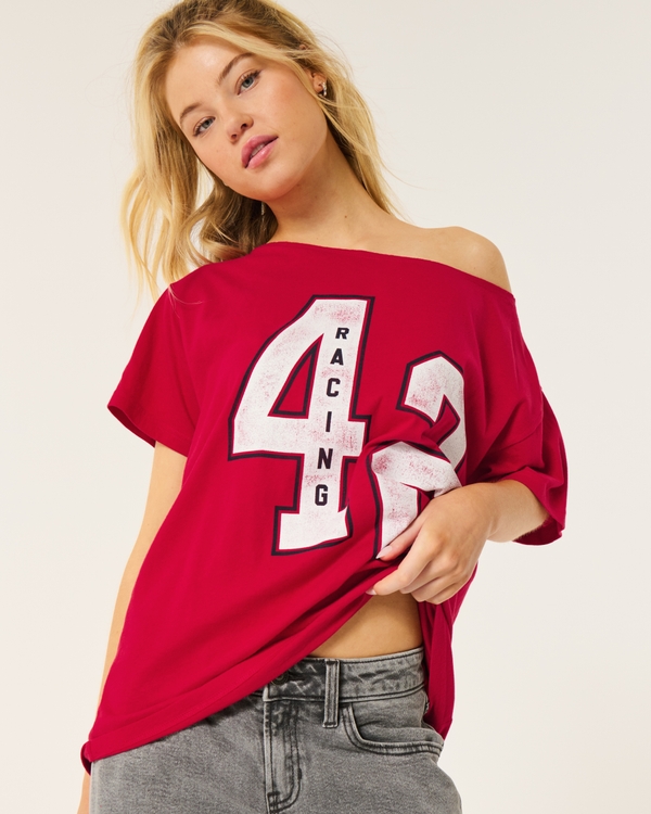 Oversized Off-the-Shoulder Racing Graphic Tee, Crimson