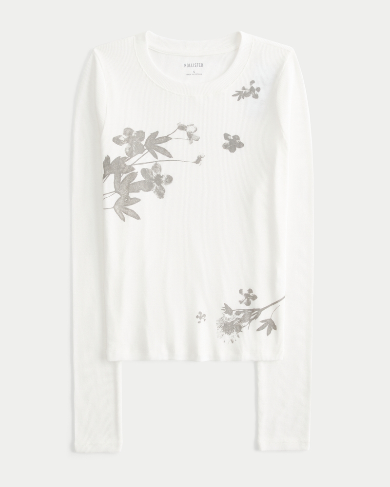 Hollister Women s Ribbed Floral Long Sleeve Baby Tee