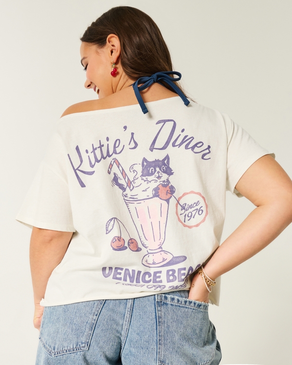 Easy Off-the-Shoulder Kittie's Diner Graphic Tee, Cloud White view 1