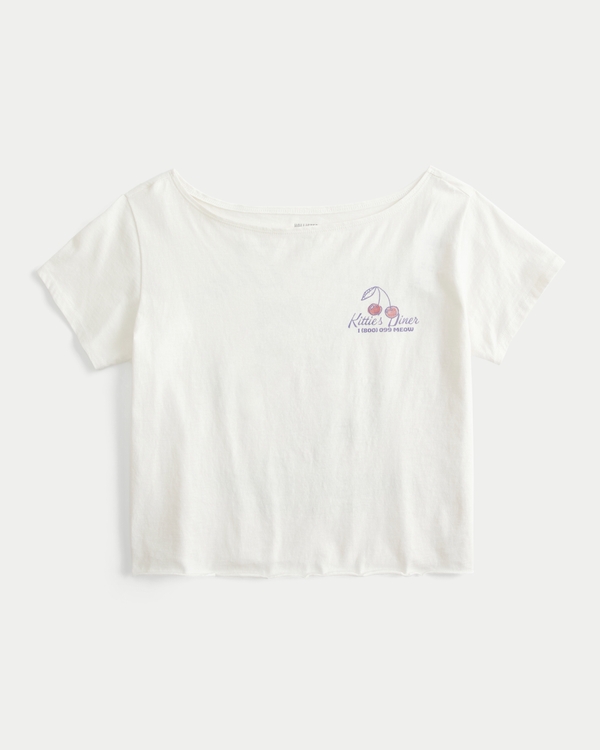 Easy Off-the-Shoulder Kittie's Diner Graphic Tee, Cloud White view 2