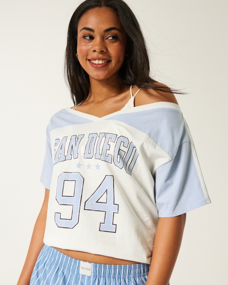 Women's Oversized Off-the-Shoulder Varsity San Diego Graphic Tee