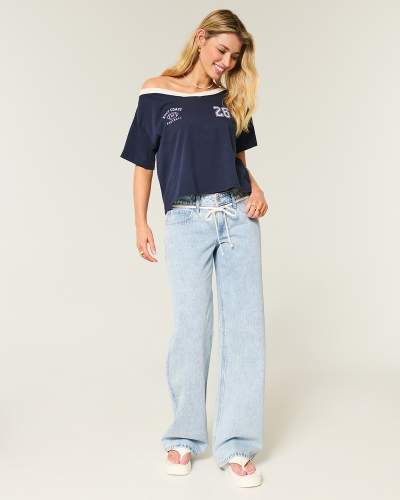 Oversized Off-the-Shoulder Varsity Graphic Tee