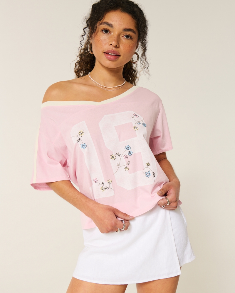 Women's Oversized Off-the-Shoulder Varsity Floral Graphic Tee