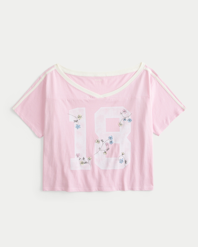 Oversized Off-the-Shoulder Varsity Floral Graphic Tee