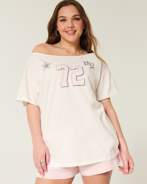 Oversized Off-the-Shoulder Number Graphic Tee, White view 1
