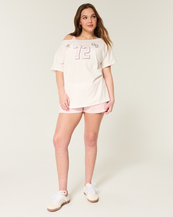 Oversized Off-the-Shoulder Number Graphic Tee, White view 2