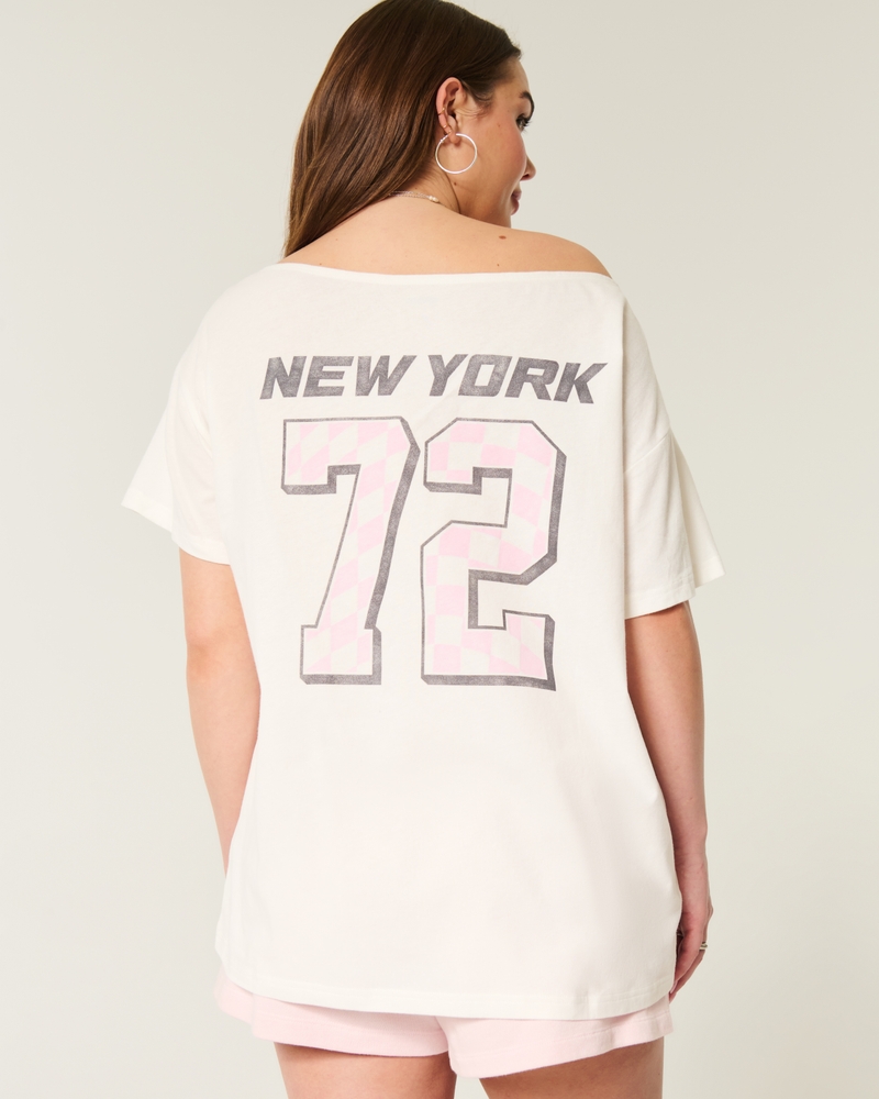 Oversized Off-the-Shoulder Number Graphic Tee