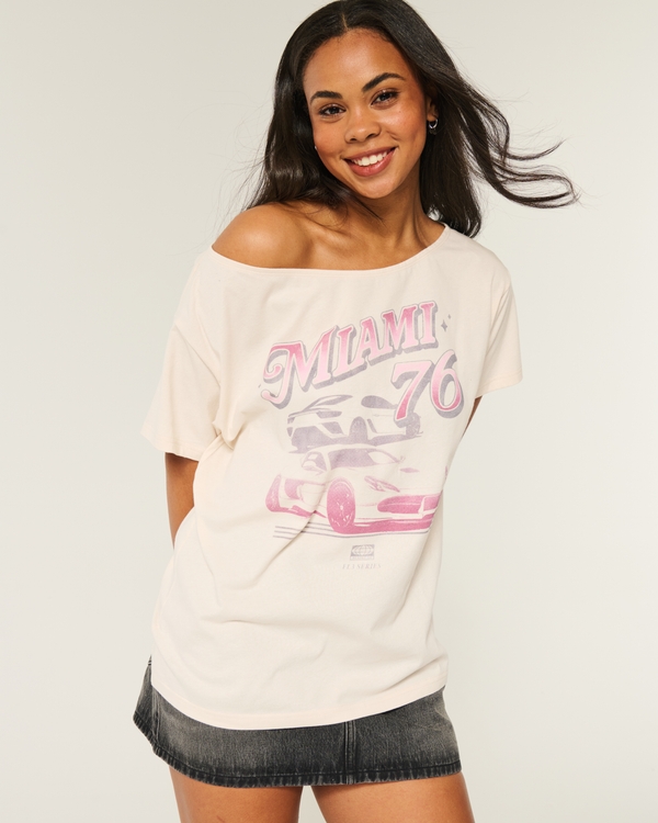 Oversized Off-the-Shoulder Miami Racing Graphic Tee, Cream view 1