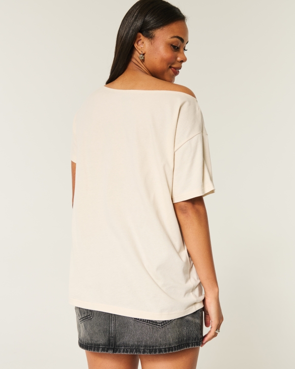 Oversized Off-the-Shoulder Miami Racing Graphic Tee, Cream view 2