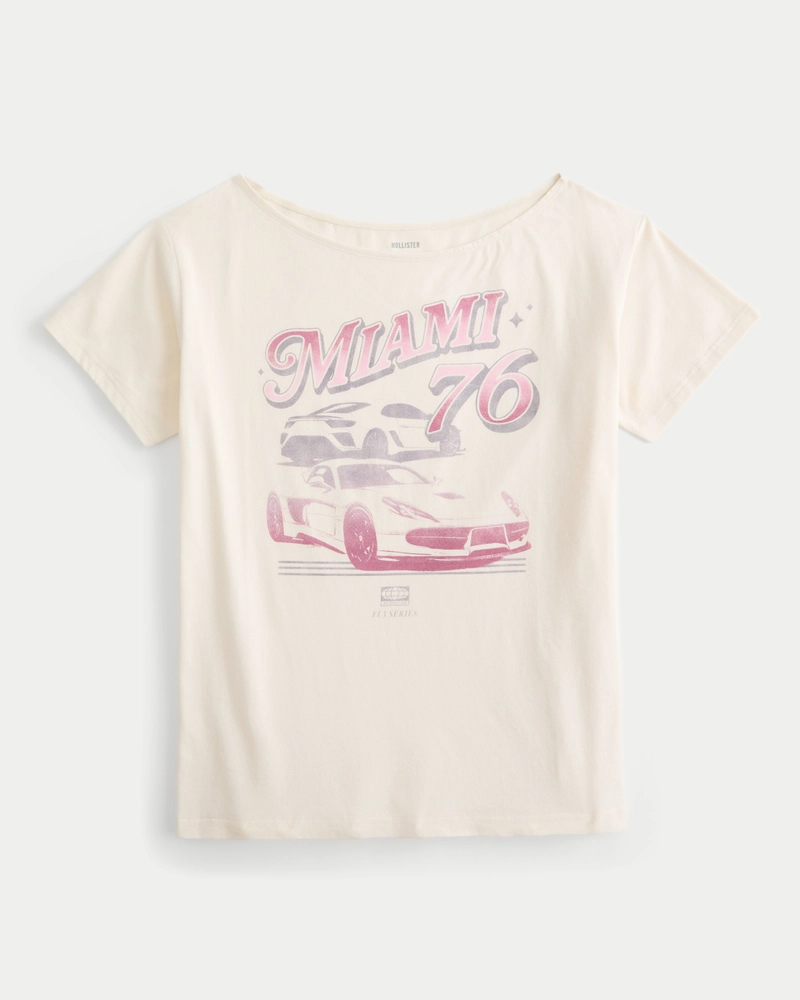 Oversized Off-the-Shoulder Miami Racing Graphic Tee