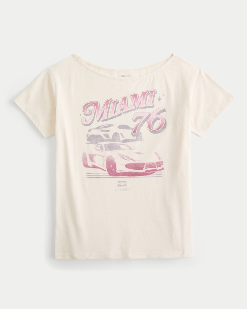 Oversized Off-the-Shoulder Miami Racing Graphic Tee