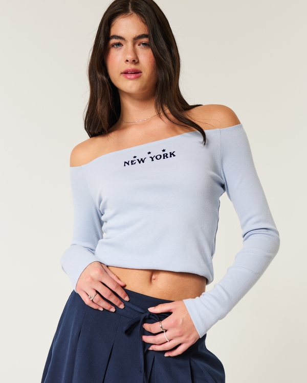 Easy New York Graphic Off-the-Shoulder Top, Dusty Blue view 1