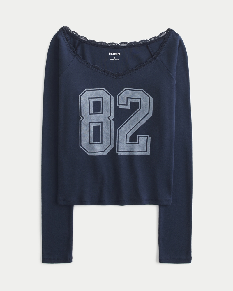 Lace Trim Off-the-Shoulder Number Graphic Tee