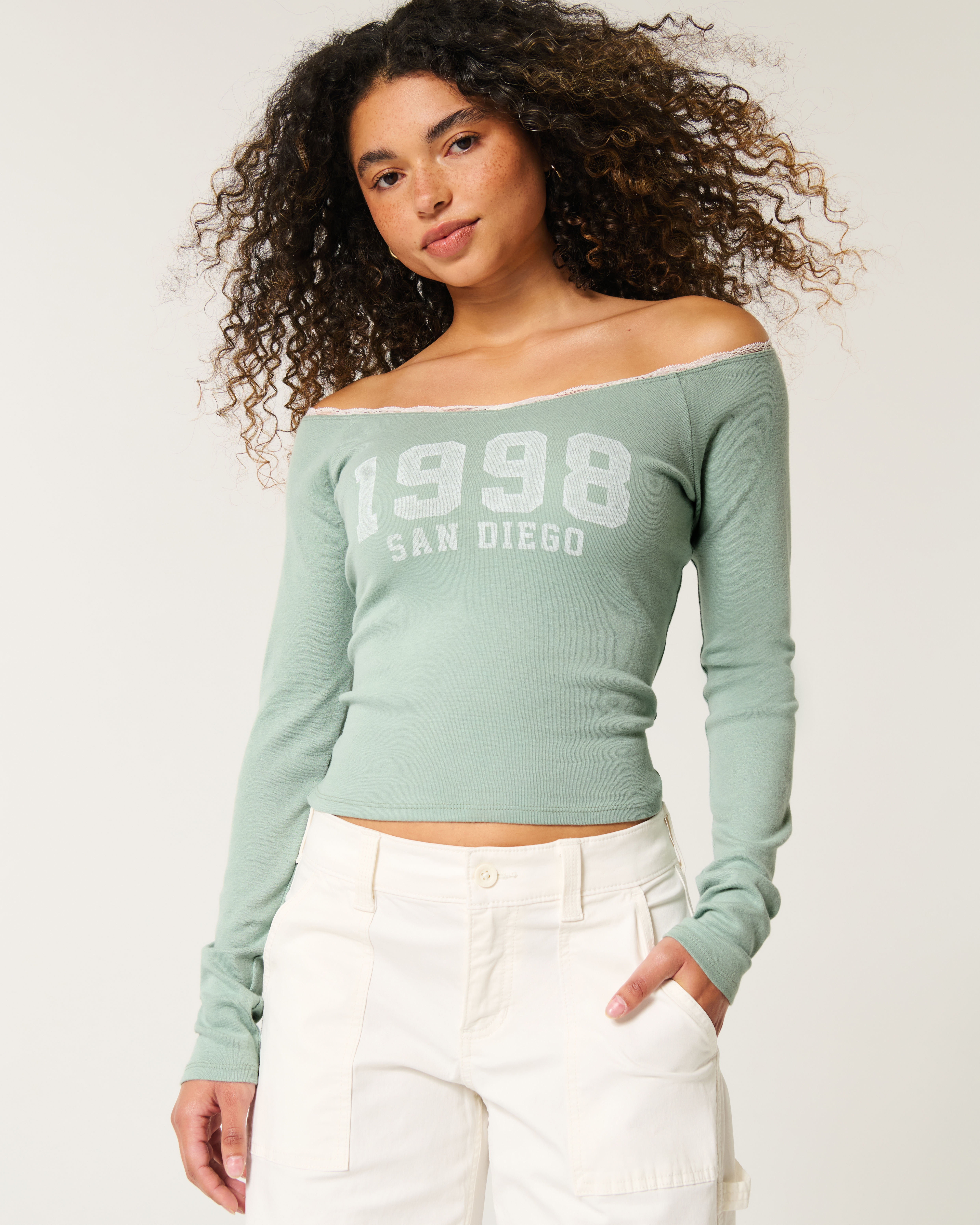 Lace Trim Off-the-Shoulder San Diego Graphic Tee