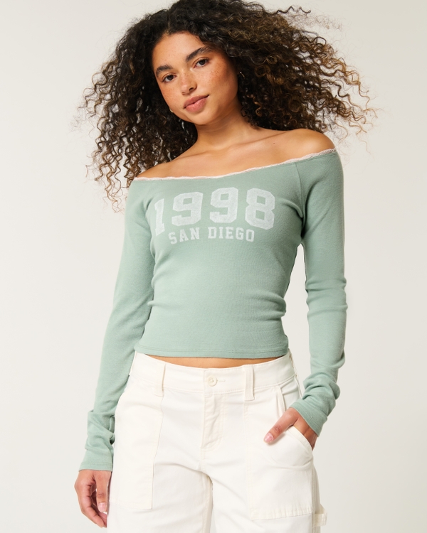 Lace Trim Off-the-Shoulder San Diego Graphic Tee, Eucalyptus Green view 1