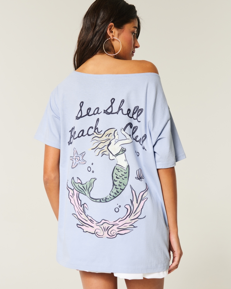Oversized Off-the-Shoulder Sea Shell Beach Club Graphic Tee