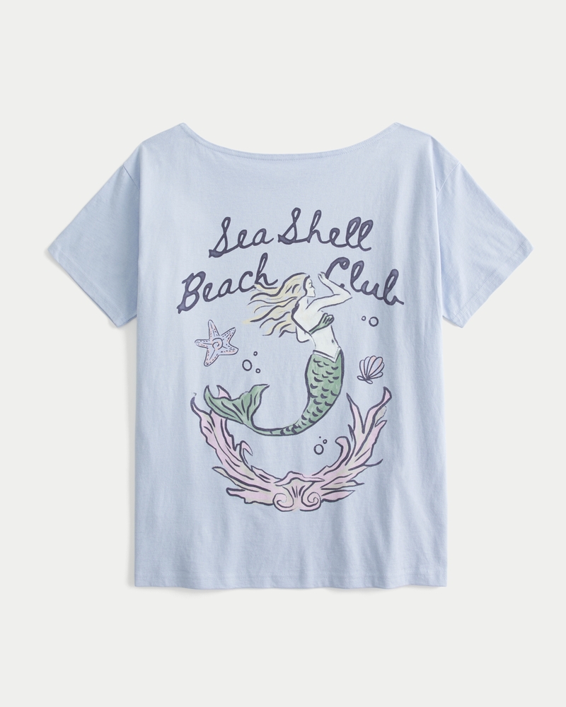 Oversized Off-the-Shoulder Sea Shell Beach Club Graphic Tee
