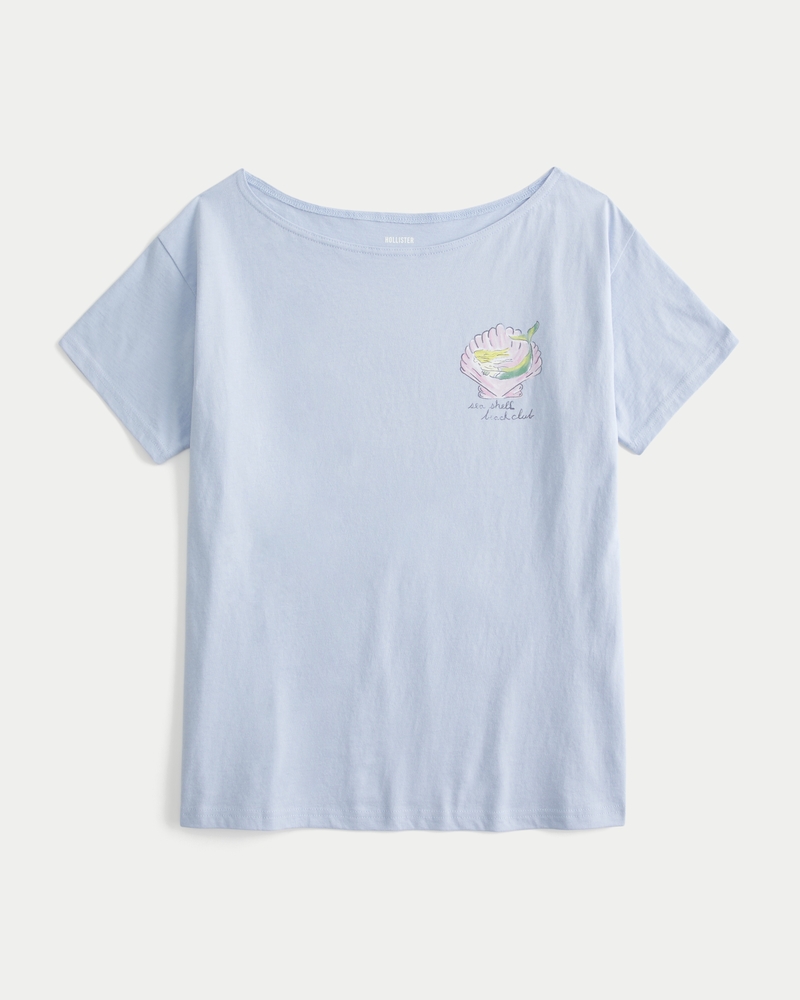 Oversized Off-the-Shoulder Sea Shell Beach Club Graphic Tee