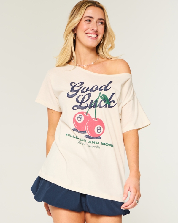 Oversized Off-the-Shoulder Good Luck Graphic Tee, Beige view 1