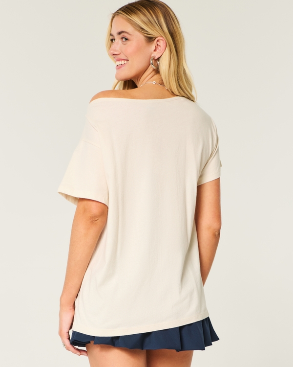 Oversized Off-the-Shoulder Good Luck Graphic Tee, Beige view 2