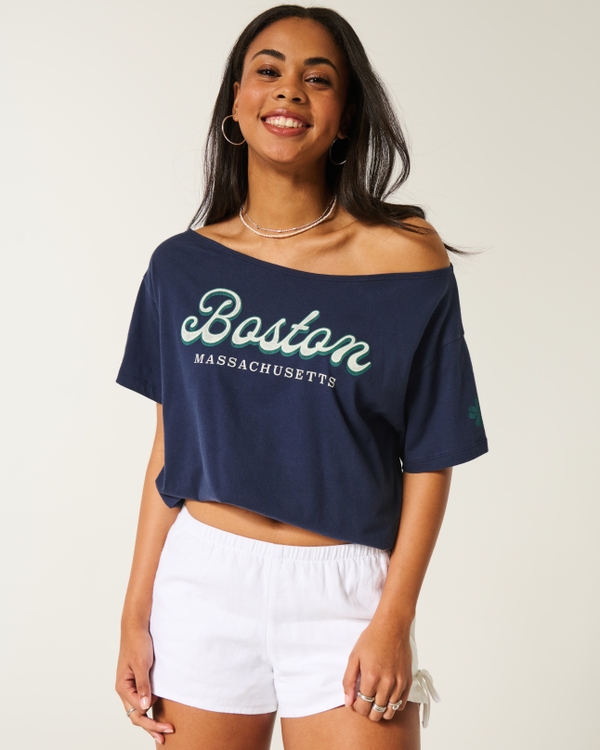 Oversized Off-the-Shoulder Boston Graphic Tee, Navy Blue view 1