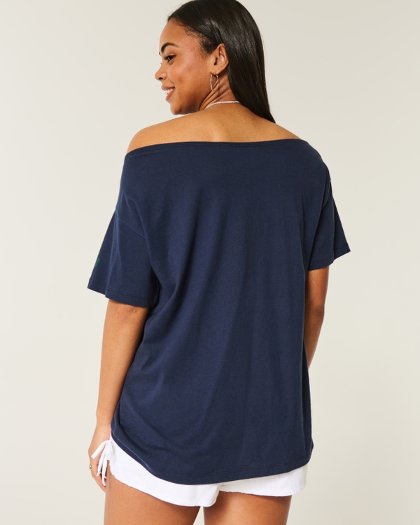 Oversized Off-the-Shoulder Boston Graphic Tee, Navy Blue view 2