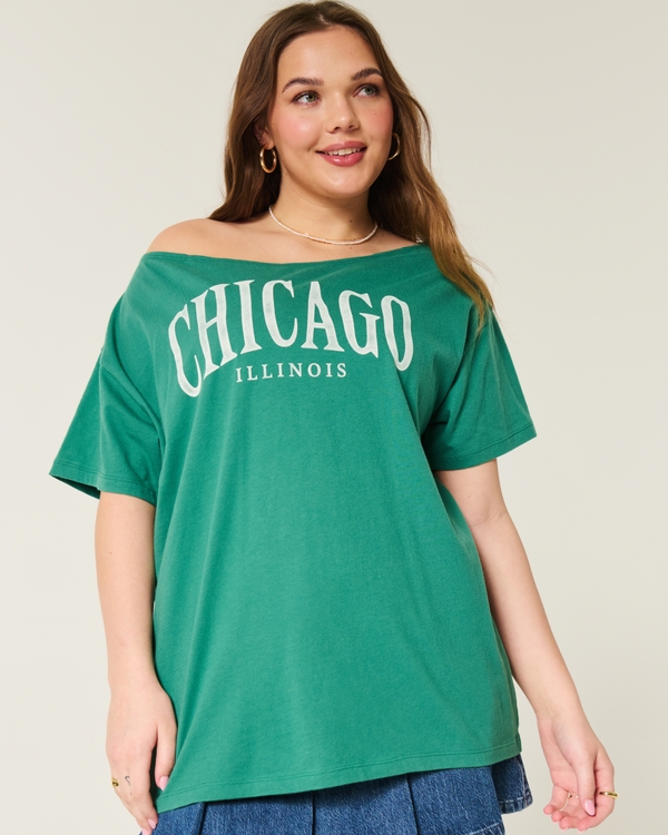 Oversized Off-the-Shoulder Chicago Graphic Tee, Emerald view 1